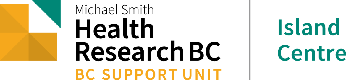Logo showing three gold squares with a teal triangle. Black text reads Health Research BC, followed by BC SUPPORT Unit Island Centre